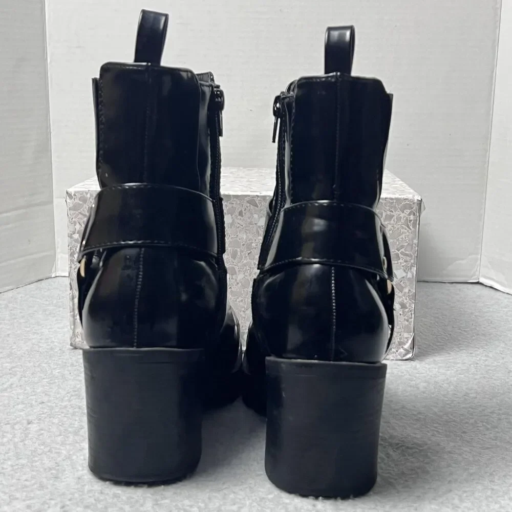 ShoeDazzle Enslee Boots Womens 7.5 Black Harness Lug Sole Block Heel Moto Style - Picture 6 of 13